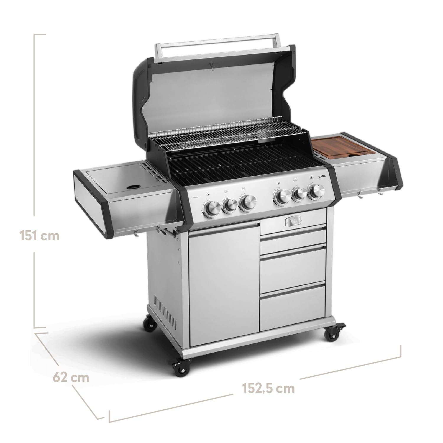BURNHARD® Gasgrill 4-Brenner inkl. Heckbrenner, mit Gusseisen Grillrost | inkl. stabiler Abdeckhaube, Seitenkochfeld mit Infrarot Keramikbrenner, Big EARL