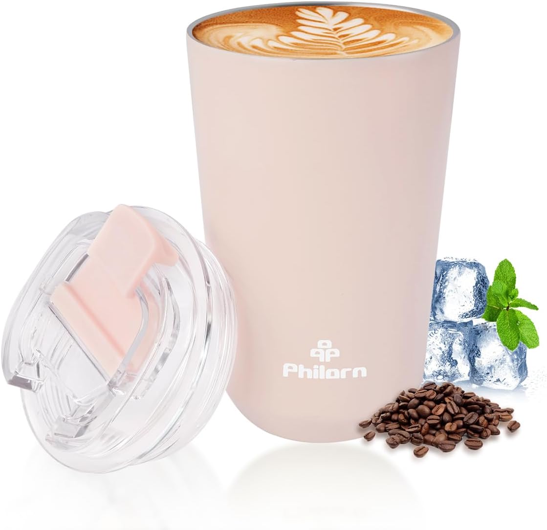 PHILORN Pink Coffee Tumbler - 12 OZ Insulated Coffee Mug With Lid, Leak Proof Thermo Cup for Hot and Iced Drinks, Stainless Steel Vacuum Pink Cup with Double Wall…