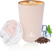 PHILORN Small Travel Thermal Coffee Mug, 380ml Insulated Stainless Steel Coffee Mug, Travel Thermal Mug with Leakproof Lid (Pink)