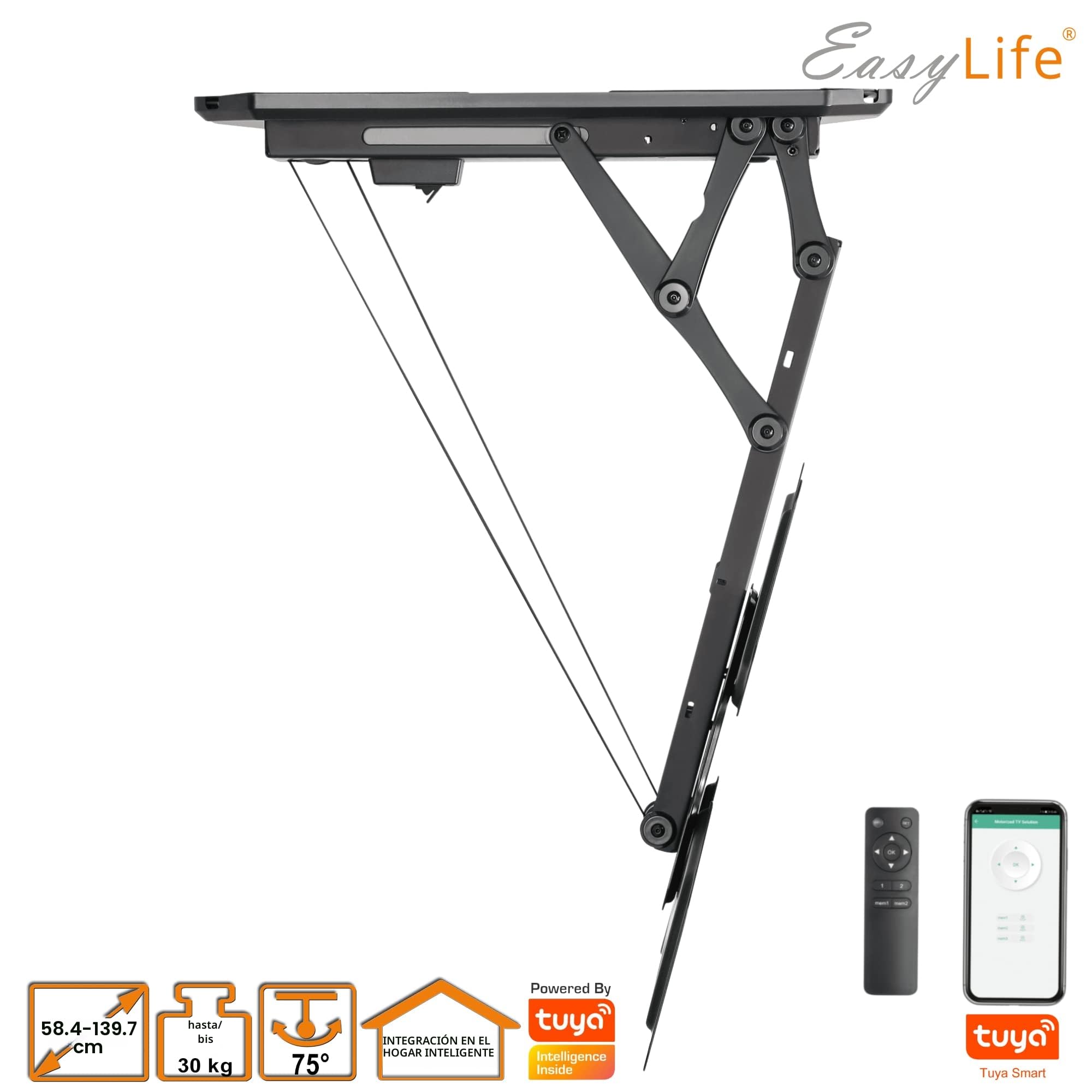 EasyLife Soporte de Techo para TV V2 con Eléctrico Y Giratorio, Integración Smart Home, de 37 A 75 Pulgadas, Soporte VESA hasta 600×400 para Televisores LCD/OLED, Monitores, Pantallas - Negro
