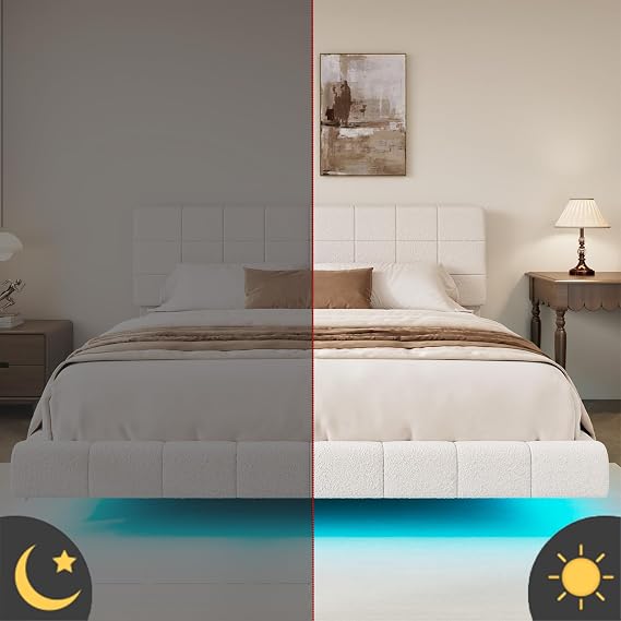 Queen Floating Bed Frame, Boucle Upholstered Platform Beds Frames with Cloud Headboard, 7 Storage Space & LED Lights Under the Bed for Bedroom No Box Spring Required, Easy Assembly (White, Queen)