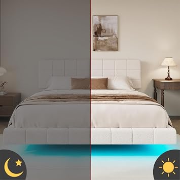 Queen Floating Bed Frame, Boucle Upholstered Platform Beds Frames with Cloud Headboard, 7 Storage Space & LED Lights Under the Bed for Bedroom No Box Spring Required, Easy Assembly (White, Queen)