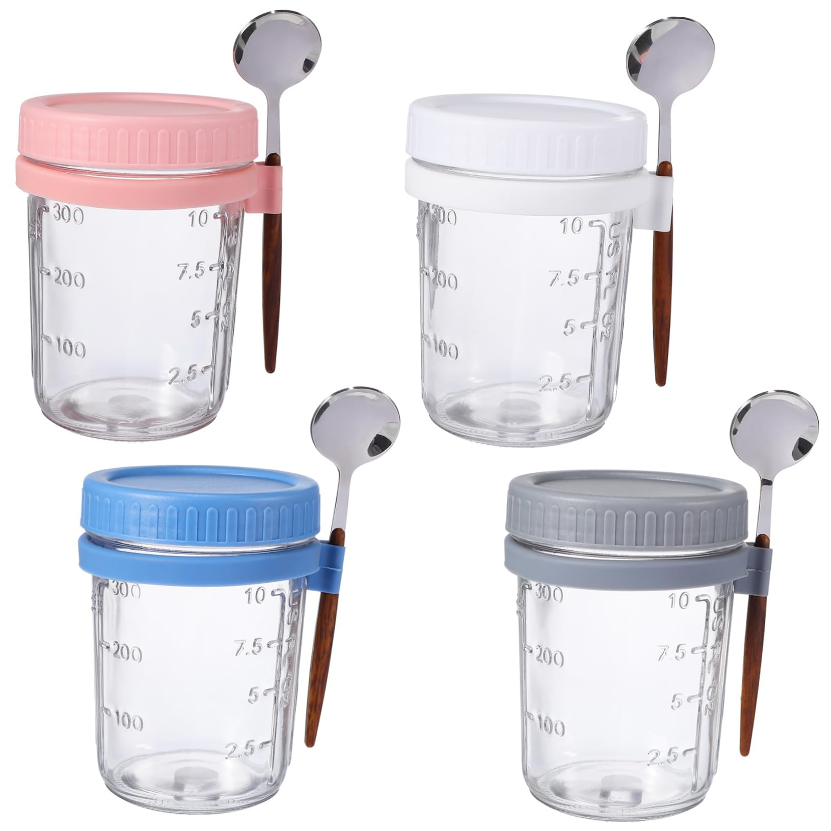 BESTOYARD 4 Stück Overnight Oats Behälter aus Glas 400ml Auslaufsicher mit Deckel und Löffeln für Küche und Wohnheim Vorratsdose Glas mit Holzdeckel