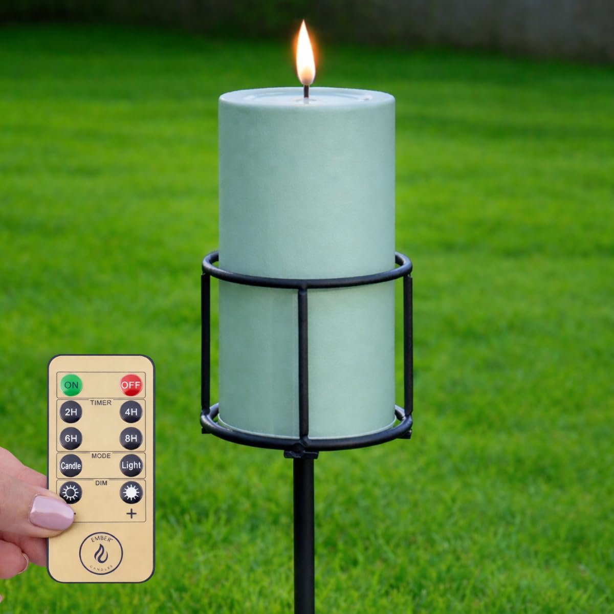 Ember Candles™ - 15cm Sage Green Outdoor LED Candle Adjustable 150cm Stake Holder, Warm White Realistic Flame & Timer, IP44 Garden Pergola Pathway Light, 180 Day Battery Life (with Remote)