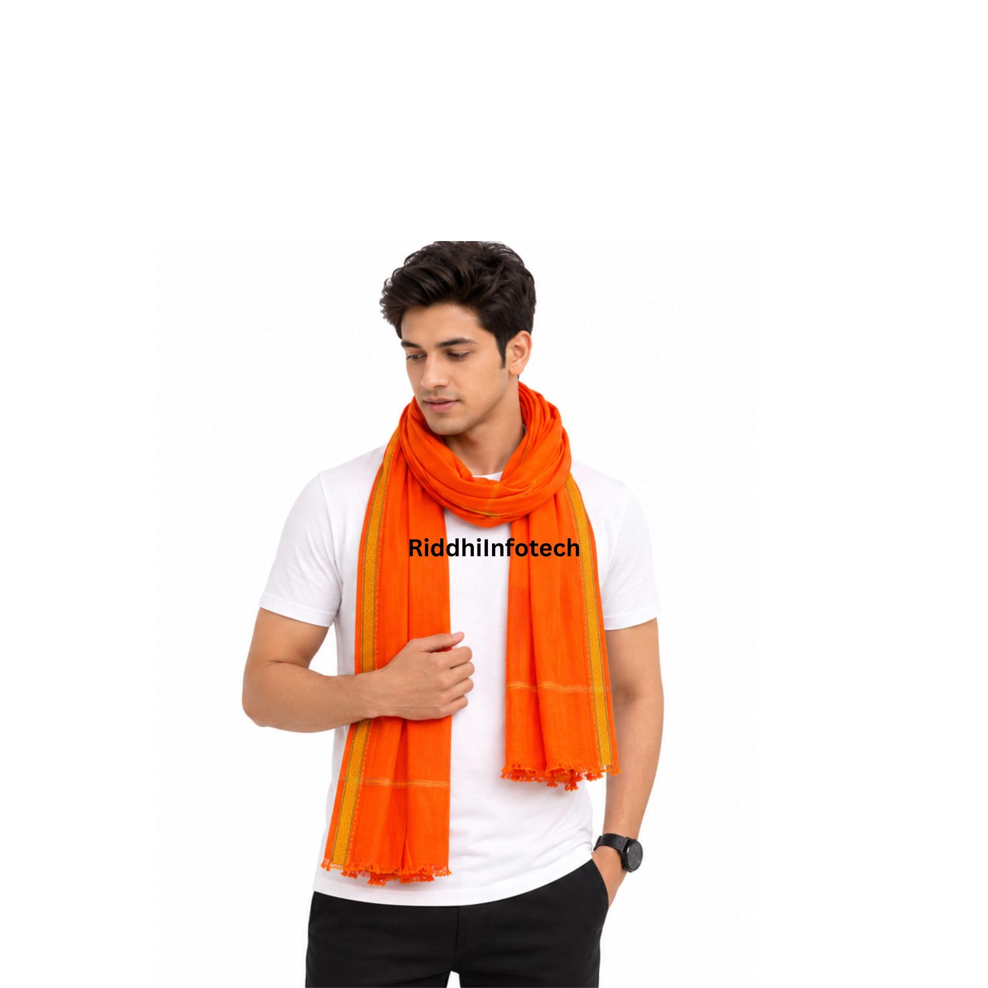 RiddhiInfotech Trendy Stylish Cotton Gamcha | Orange/Bhagwa/Saffron Traditional Desi Angocha with Elegant Golden Border | Soft Breathable Multipurpose Cotton Towel for Men | 1Pc-picture-24