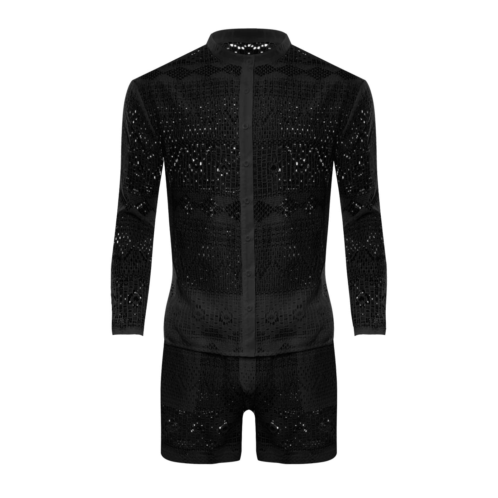 Tenue en dentelle pour homme - 2 pièces - Transparent - Érotique - Chemises et shorts décontractés - Combinaison d'été sexy en dentelle - Haut à manches longues et short - Ensemble en maille