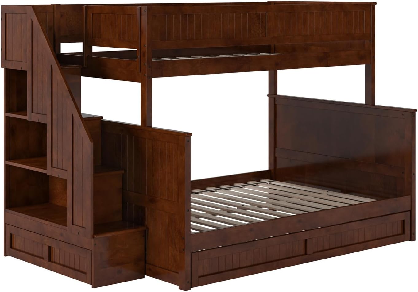 HomeStock Staircase Bunk Bed with Twin Trundle & Storage Drawer Walnut/Twin Over Full