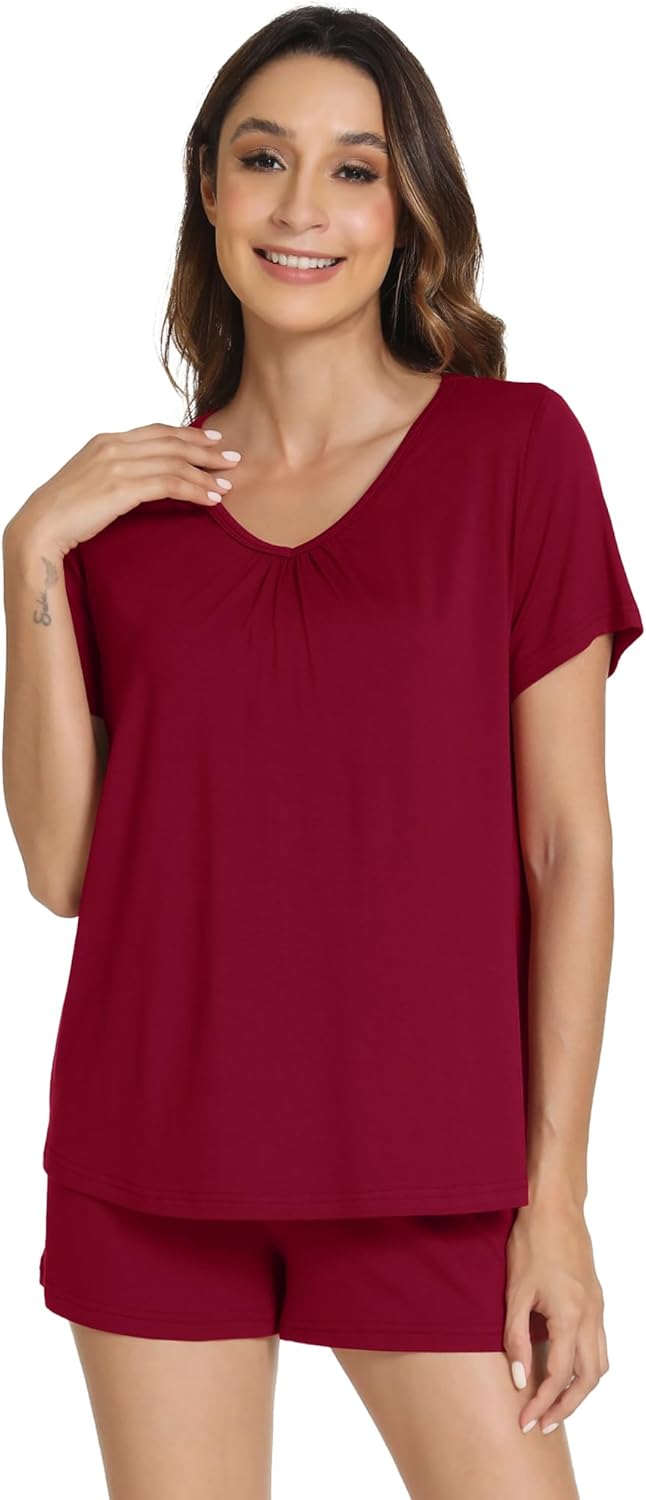 WiWi Viscose from Bamboo Pajamas for Women Loose Comfy Two Pieces Pj Set Top and Shorts Loungewear S-XXL