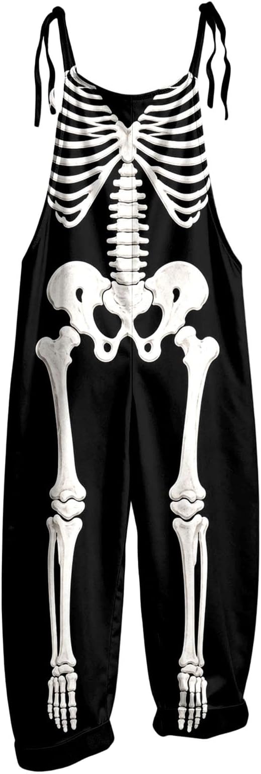 Halloween Overalls for Women Skeleton Rose Graphic Jumpsuit Plus Size Wide Leg Rompers Pants with Pockets