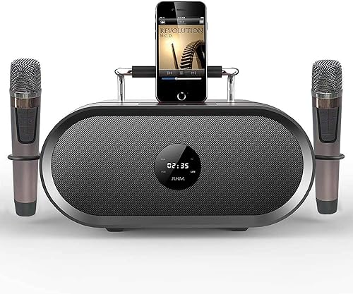 RHM K666 - Máquina de karaoke con graves ricos y profundos, sonido potente, 2 micrófonos inalámbricos, batería recargable, 8 horas de reproducción,