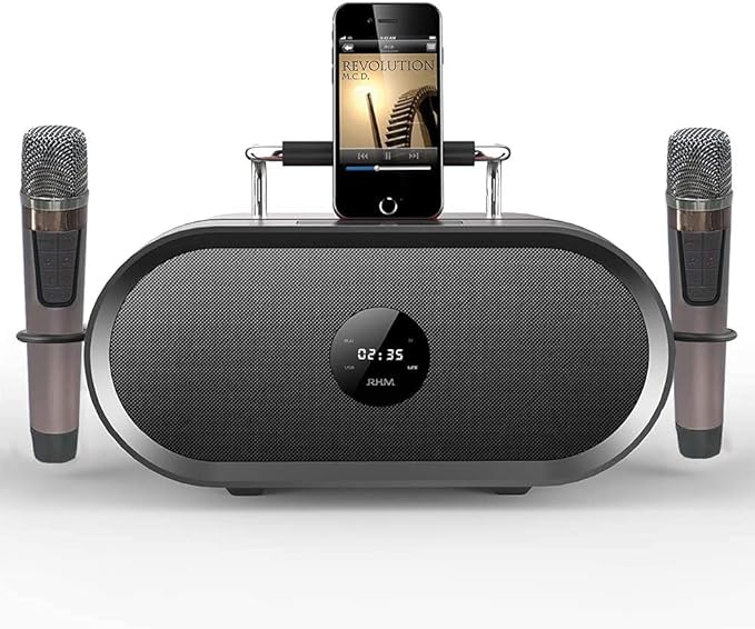 RHM K666 Karaoke Machine with Rich & Deep Bass, Powerful Sound, 2 Wireless Microphones, Rechargeable Battery, 8 Hours Playtime, Support Bluetooth/AUX/USB/PC for Home, Party, Wedding, Picnic, Outdoor