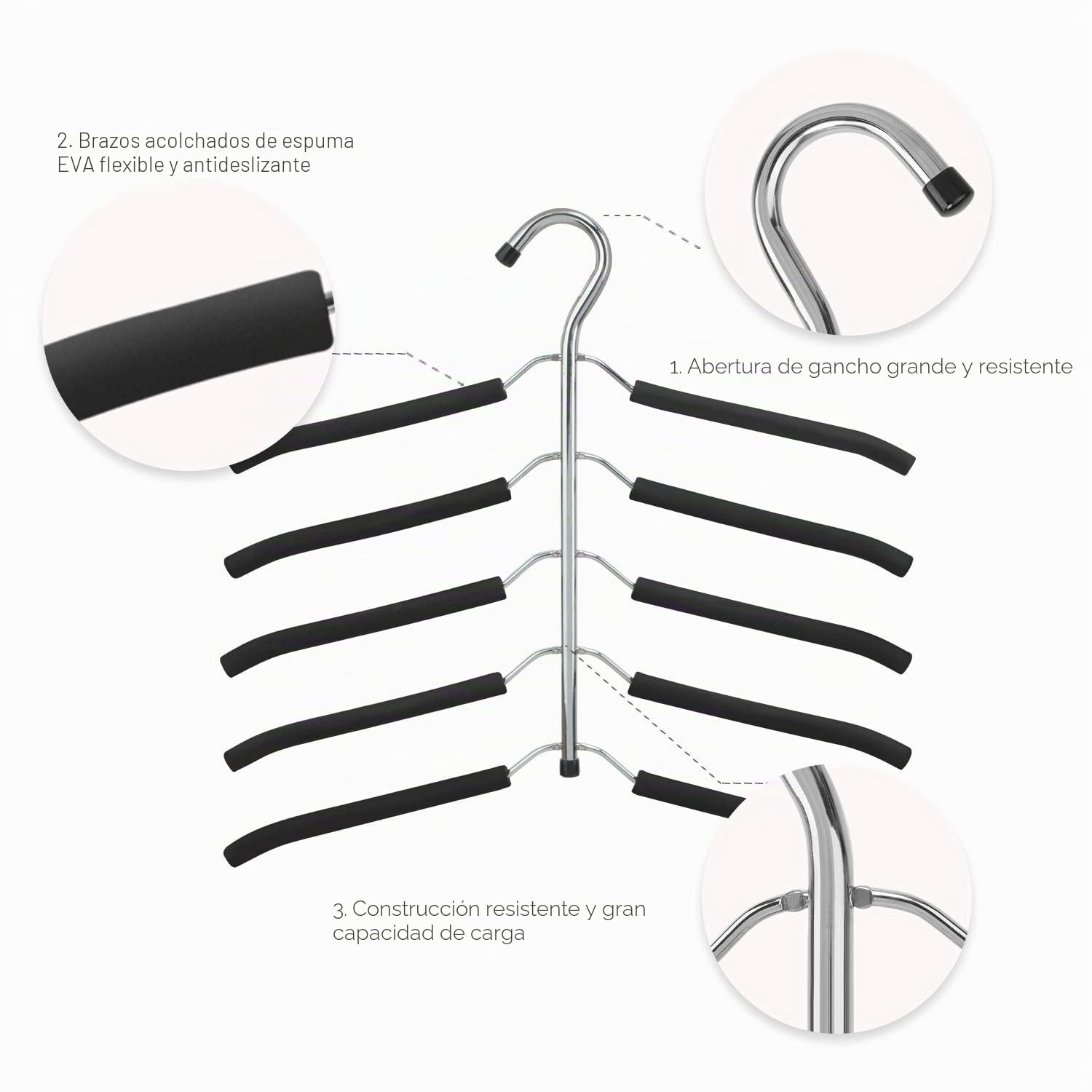 Percha de Ropa Multicapa (3 Pack) - 5 Niveles por Percha, Ahorro de Espacio para el Armario, Ropa Exterior, Antideslizante, Múltiple - Negro
