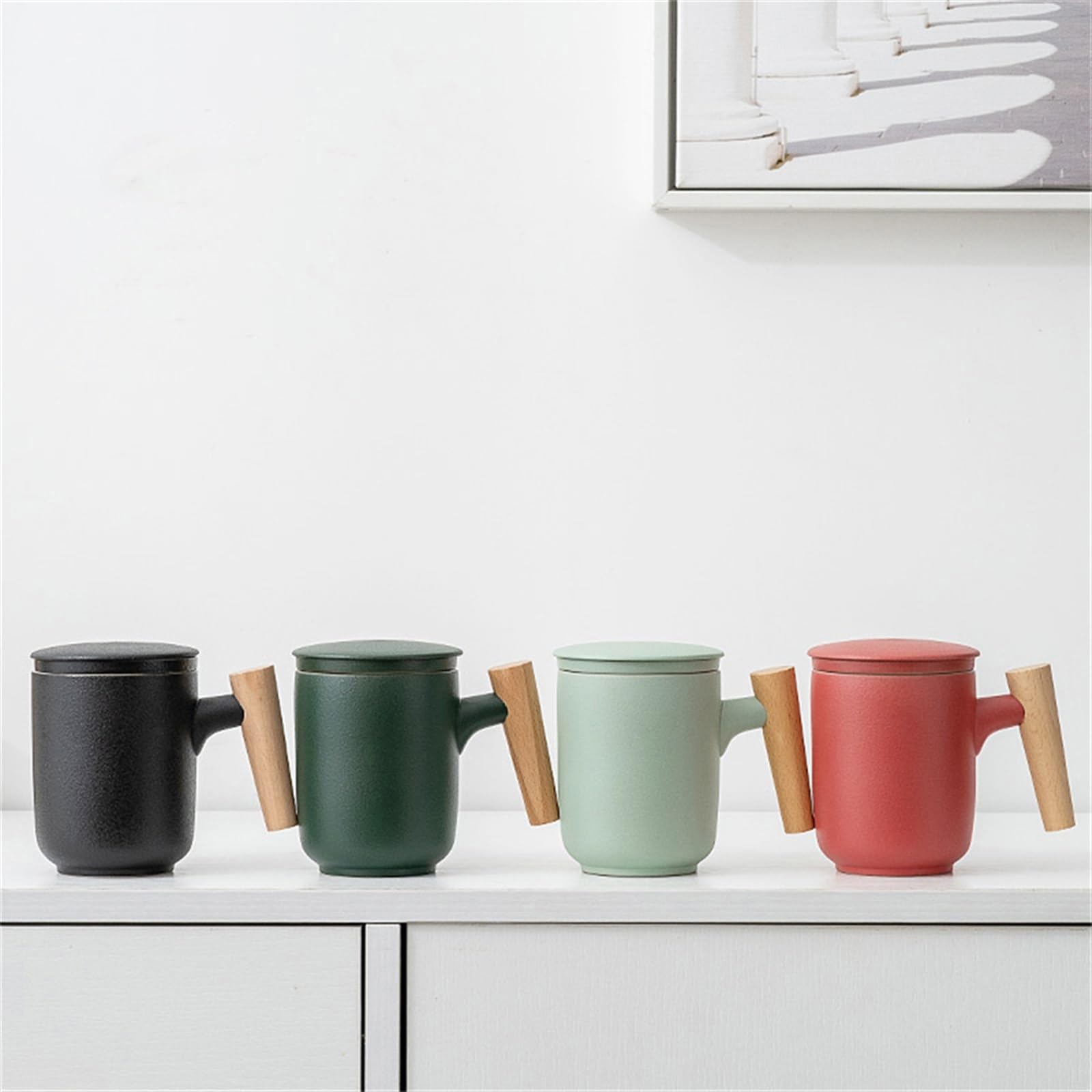 Tasse à thé en céramique 350 ML avec Couvercle et Filtre, Grande capacité, avec poignée en Bois, infuseur à café et thé