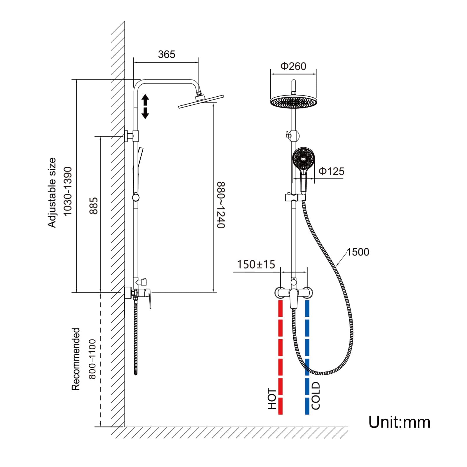 Auralum Duscharmatur Komplettset Höhenverstellbar 1-1,39m, Regendusche mit Armatur Duschamaturenset Regendusche mit 3 Funktionen Handbrause, Chrom