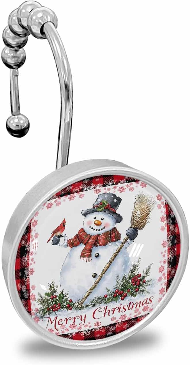 Shower Curtain Hooks 12 Pcs Christmas Snowflake Red Grid Broom Snowman Merry Christmas Stainless Steel Rust Proof Rolling Shower Curtain Rings, Decorative Shower Curtain Hooks Hangers for Bathroom