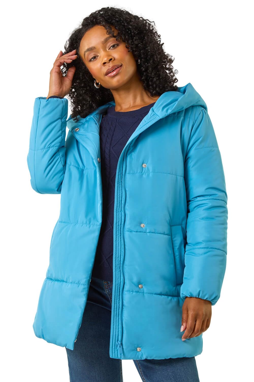 Roman Women's Blue Petite Hooded Quilted Puffer Coat