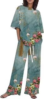 QWUVEDS Trousers women's summer trouser skirt 3/4 trousers women's summer women's trousers set with temperament print, fashionable, casual style trouser suit women's festive elegant wedding