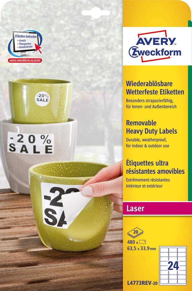 AVERY Zweckform L4773REV-20 Wetterfeste Folienetiketten (480 Aufkleber, 63,5x33,9mm auf A4, selbstklebend, wasserfest, wiederablösbar, strapazierfähig, bedruckbare Outdoor Klebefolie) 20 Blatt, weiß