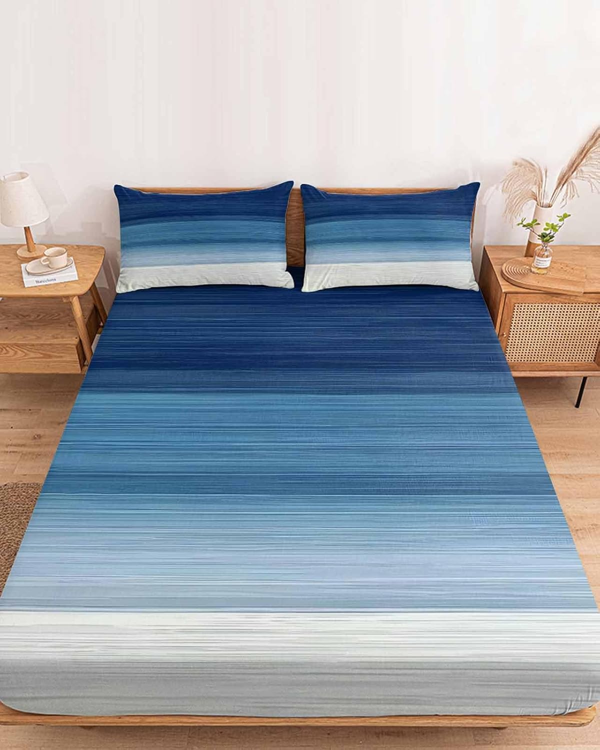 Abstract Navy Blue Ombre Stripe Art Fitted Bed Sheets Queen Size Fit 5-16inch Deep Pockets,Luxury Bottom Sheet Bedding Set with Pillow Case,Modern Color Line Texture Fitted Sheet for Mattress