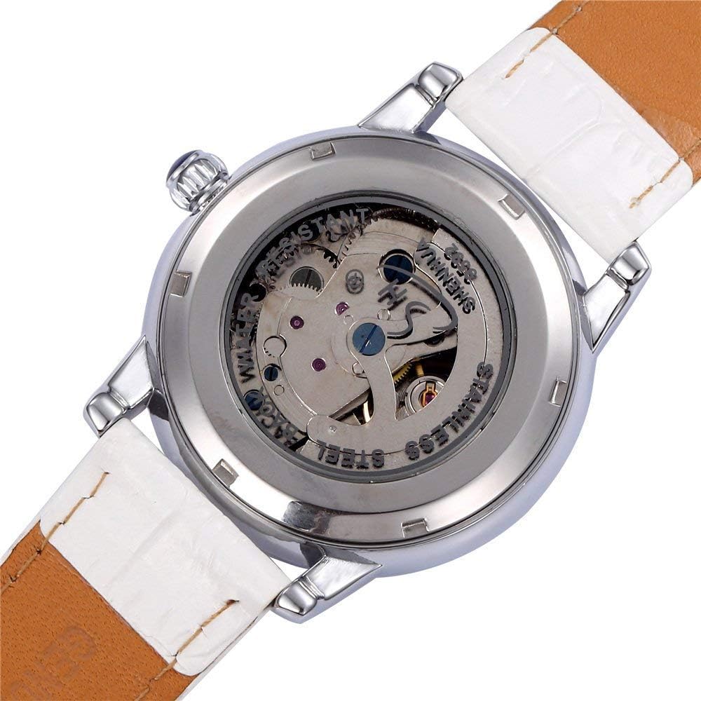 Fashion Women Automatic Mechanical Watch Skeleton Rhinestone Leather Strap Girls Watches (Silver Pink)
