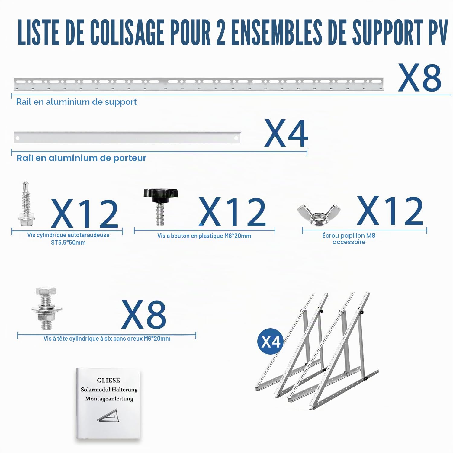 GLIESE Lot de 4 supports pour centrale électrique de balcon 114 cm, support de panneau solaire, support de panneau solaire, supports de module PV, supports de centrale de balcon, angle réglable de 0 °