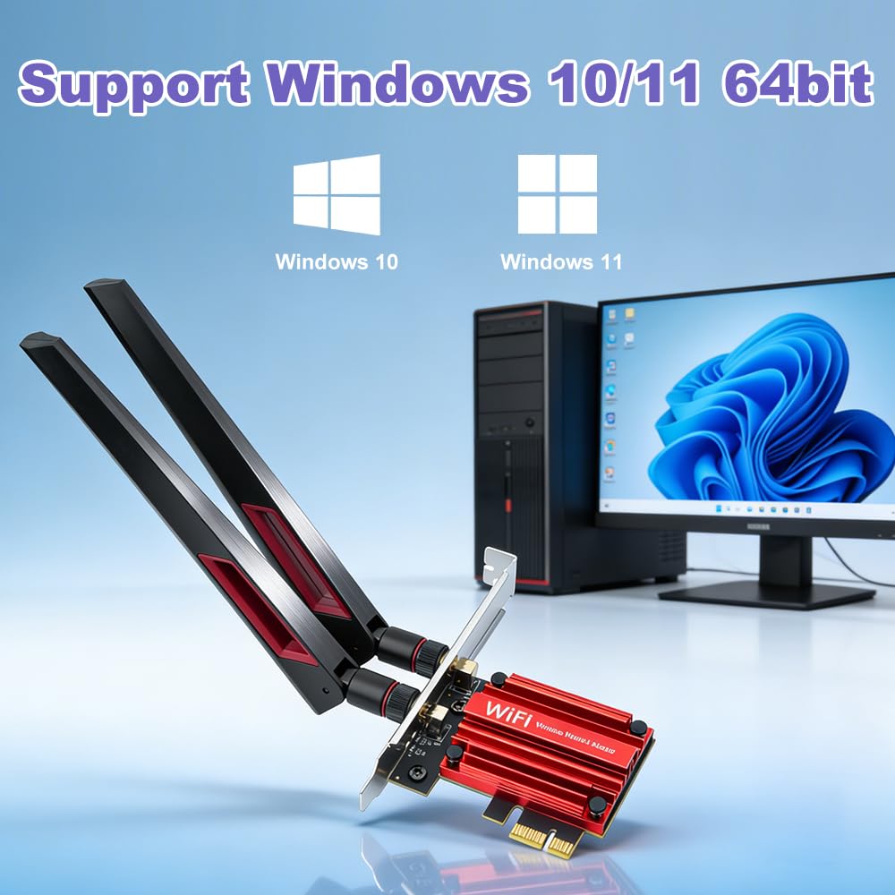 Carte sans fil WiFi 7 PCIe, Tri-Band 802.11be BE5400 MT7925, Bluetooth 5.4, Windows 10/11 WPA3, faible latence haute vitesse pour PC de jeu de bureau