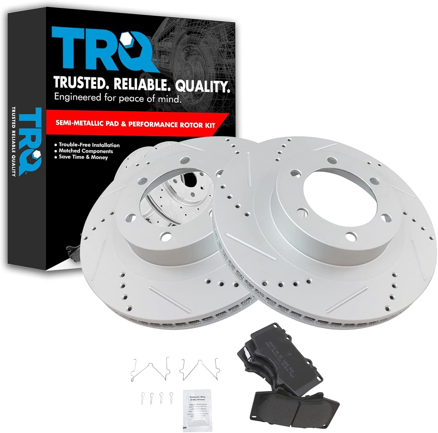 TRQ Front Brake Pad & Rotor Kit Semi-Metallic Premium G-Coated Performance Slotted X Drilled Compatible with 2003-2009 Lexus GX470 Toyota 4Runner