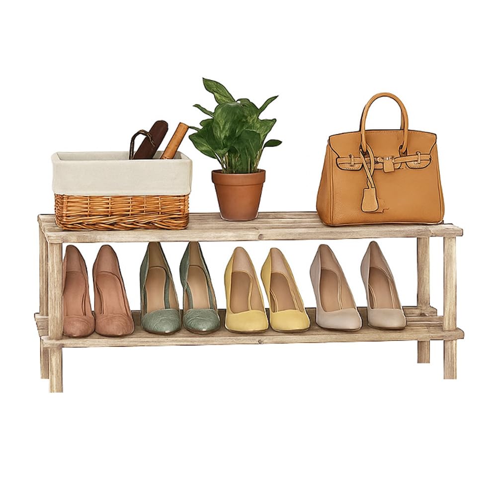 Wooden Shoe Rack - Footwear Storage Organiser Unit Shelf Dvd Books Tier Slated | Storage Stackable Organiser Multi-use - Quick Easy To Assemble, Space Efficient, Hallway Front Door (Natural, 2 Tier)