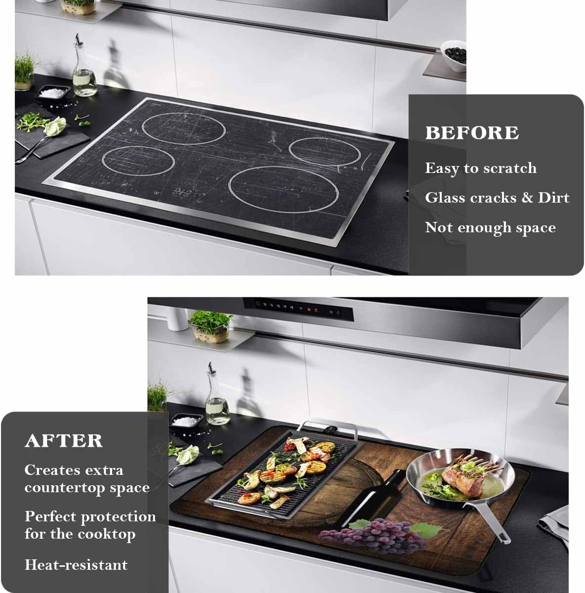 Stove Cover for Electric Stove, Wine Bottle and Fruit Grape with Wooden Barrel Stove Top Cover for Glass Top, Heat Resistant Rubber Mat Foldable Cooktop Cover Top Protector, 36"x21"