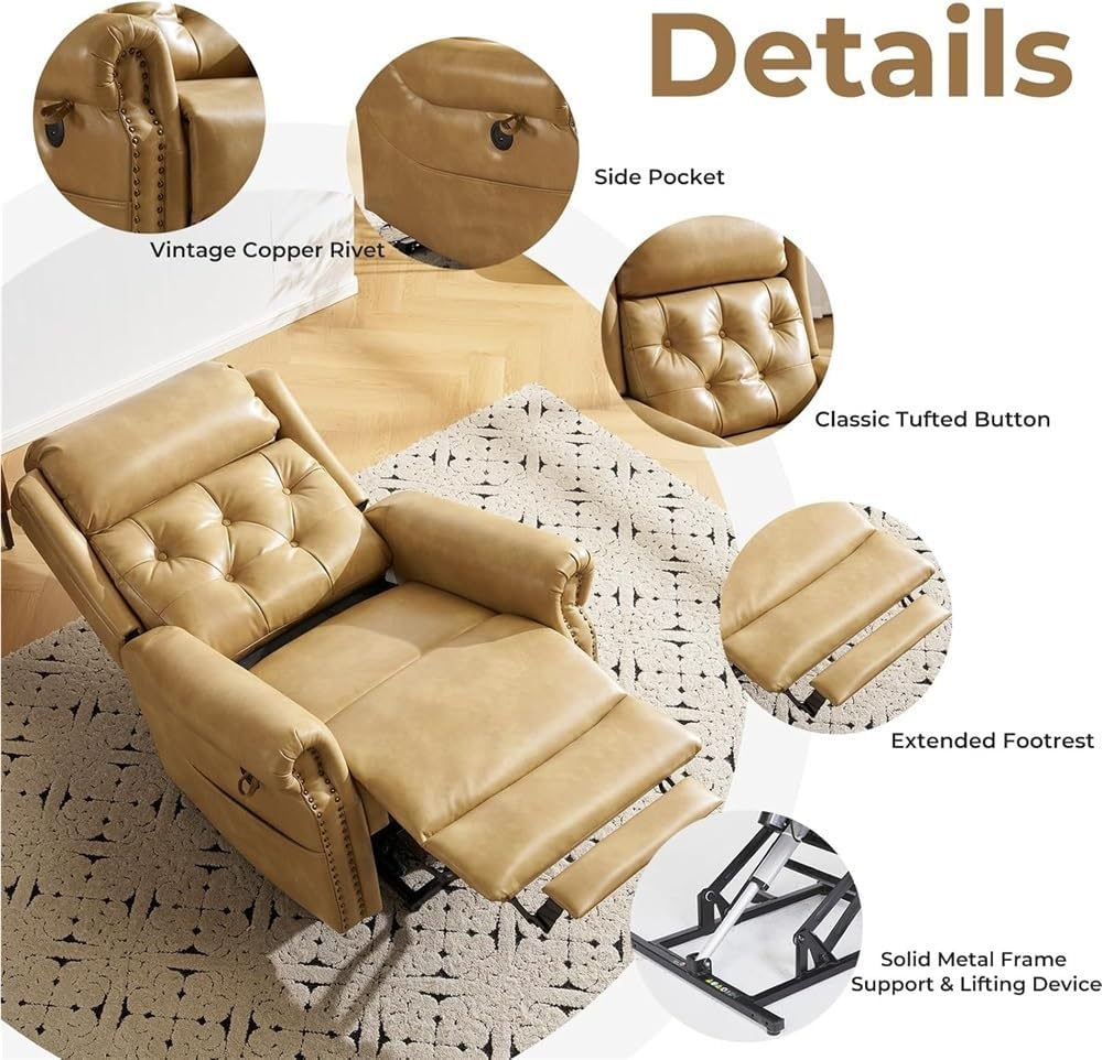 Large Power Lift Recliner Chair for Elderly Oversized Electric Lounger with Adjustable Headrest Heated Massage Lay Flat Function Extended Footrest USB Ports Upholstered Sofa
