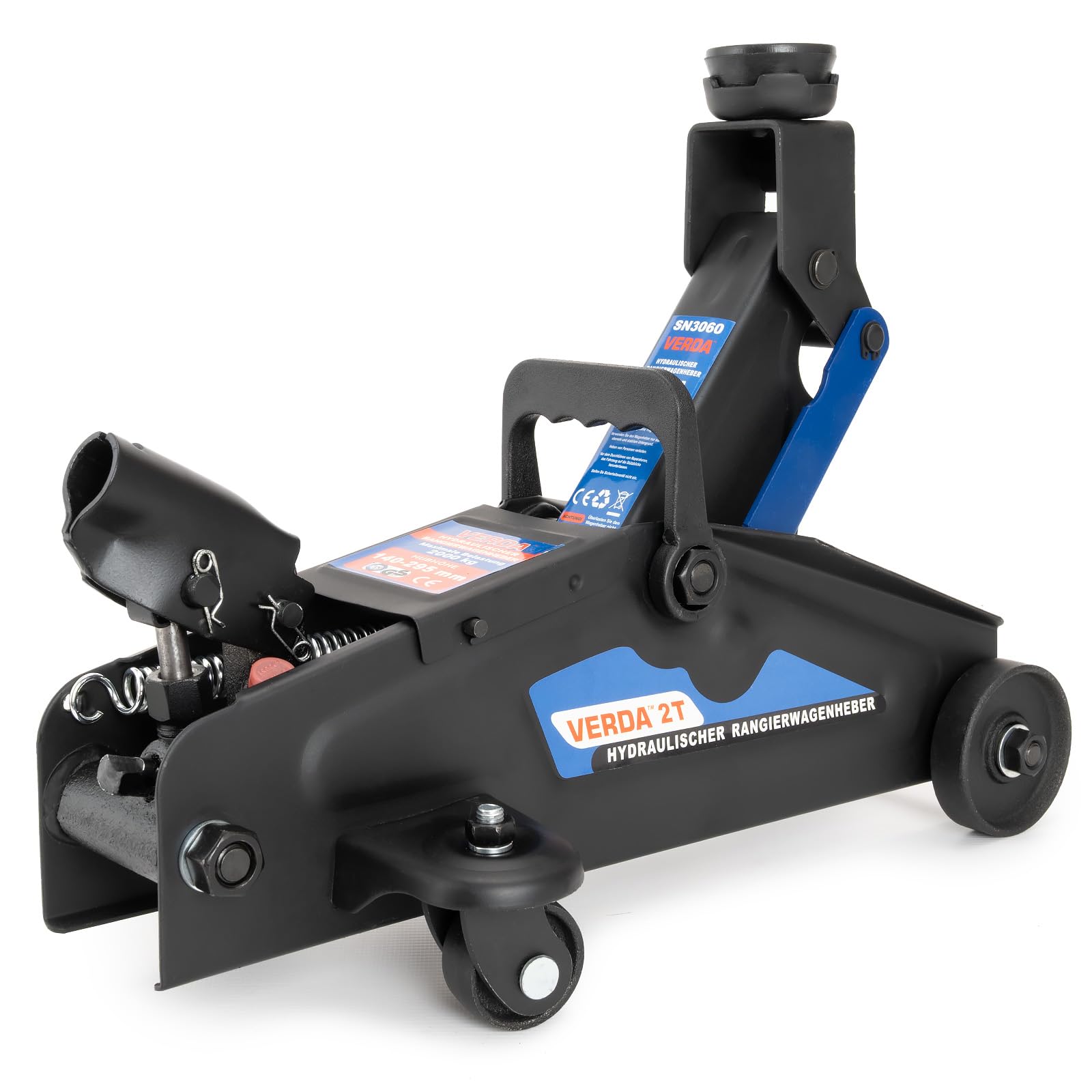 Cric hydraulique 2T, 140–310 mm, avec Patin en Caoutchouc Extra Plat, pour SUV et Jeep, cric rouleur avec Mallette de Transport pour véhicules Tout-Terrain, incluant des Gants