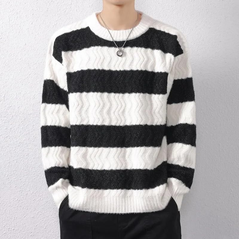Autumn Winter Men's Striped Knitted Sweater O-Neck Loose Casual Knit Pullovers Men Warm Streetwear Pullover4