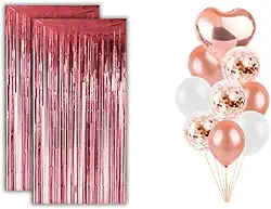 Kit Festa Decoração 2 Cortinas Metalizadas Glitter e 9 Balões Látex e Coração Metalizado Festa Decoração (Rose Gold)
