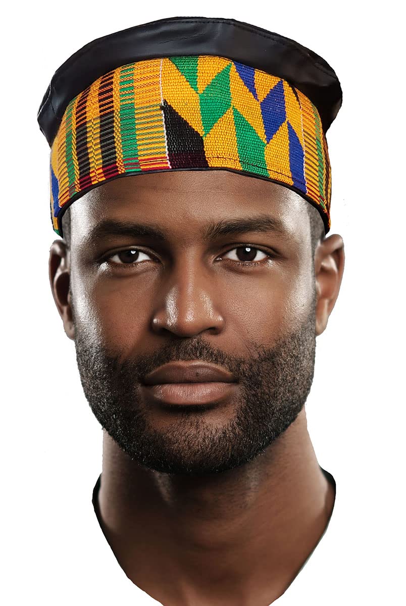 Dupsie'sAkwaaba African Hand Woven Kente Kufi Hat with Faux Leather