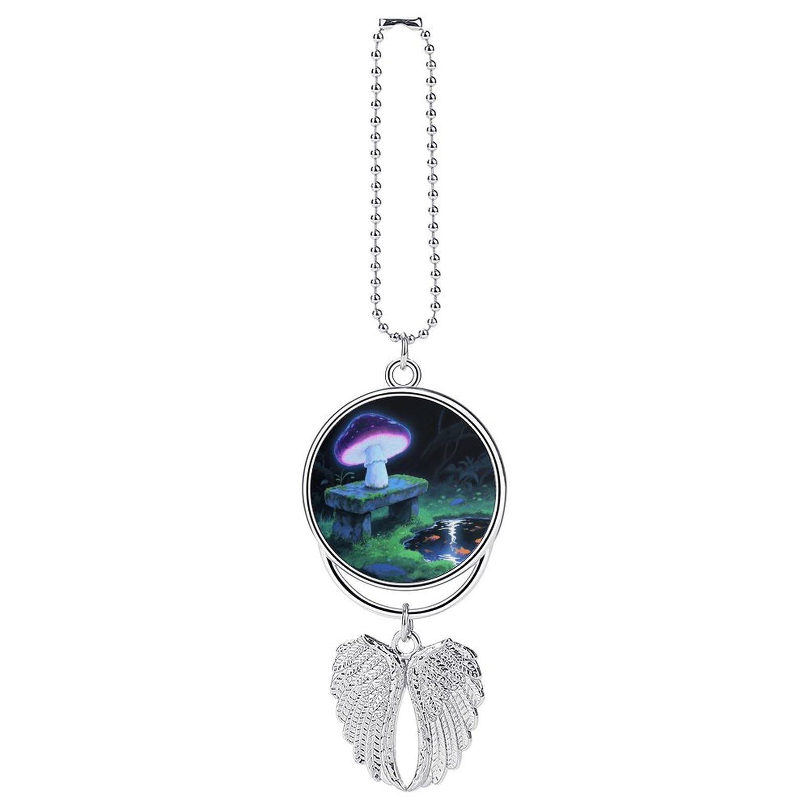 Blacklight Mushroom Car Pendant Car Rearview Mirror Pendant Custom Photo Car Hanging Ornament Car Rear View Mirror Hanging Accessories Angel Wing Car Charm Gift for Men Women
