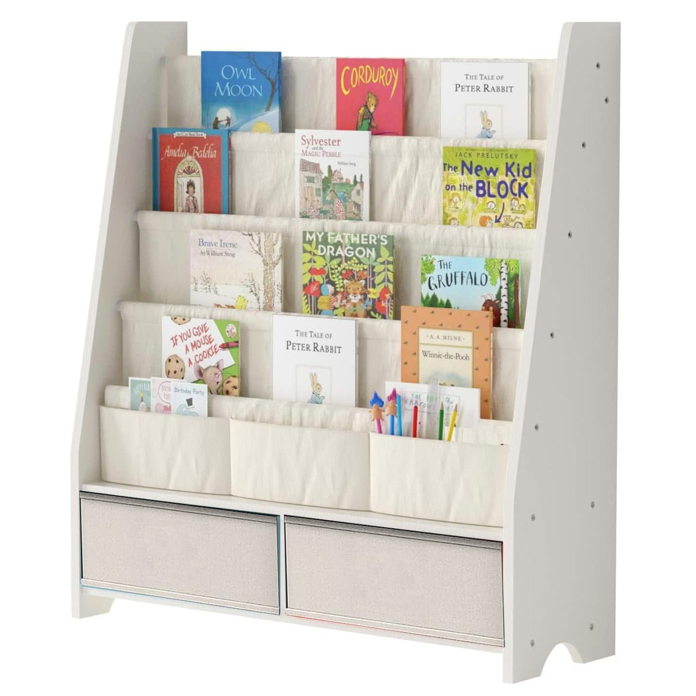 HEYOUTH Scaffale Libri Montessori in Legno Massello con 2 Contenitori e 4 Ripiani Aperti - Mobile Bambini, Libreria con Anti-Ribaltamento 86x70x28cm