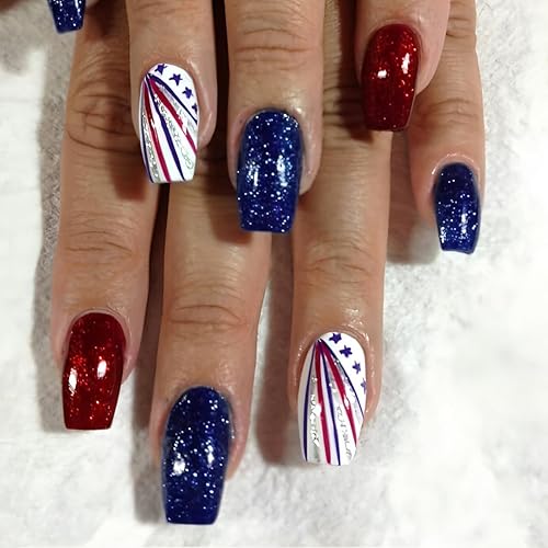 24 Pcs 4th of July Press On Nails Short Square,YEFIUO