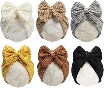 Baby Girls Hair Bow Turban Hat 6PCS Set, Top Bowknot Head Wrap Beanie India Caps for Infant Toddlers