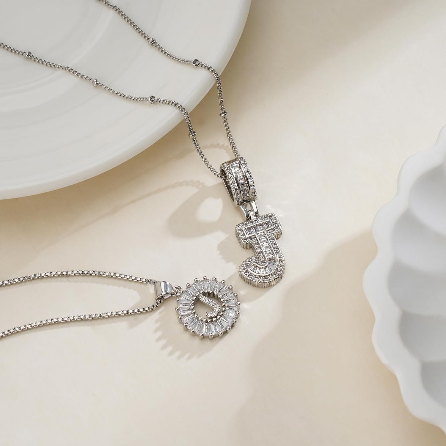 Initial Letter Necklace for Women 14k White Gold Silver Plated Dainty Necklaces Trendy Chunky Custom Layered Necklace Set Personalized Round Circle Zirconia A-Z Letter Chain Pendant Jewelry Valentine's Day Gift - Image 3