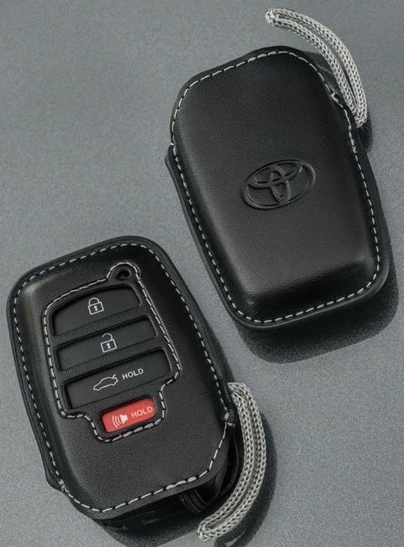 Toyota Leather Key Fob Cover, Black with Grey Loop, Compatible with 2023+ Crown, 2024+ Prius, 2025+ Land Cruiser, Set of 2