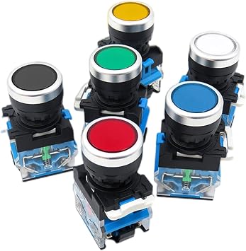 AMSH 6pcs 22mm LA38 Flat Head Push Button Switch 1NO 1NC Momentary Push Button Switches LA38-11 6Colors Normal Open+Normal Closed Color Blue, Size Self Locking Type