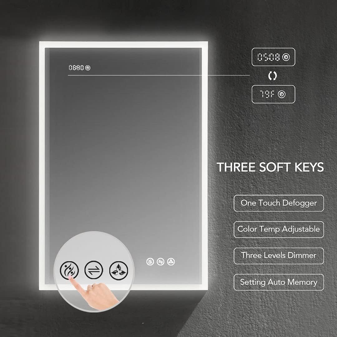 Close-up of the mirror's touch controls, indicating functions for defogger, color temperature adjustment, and three levels of dimmer