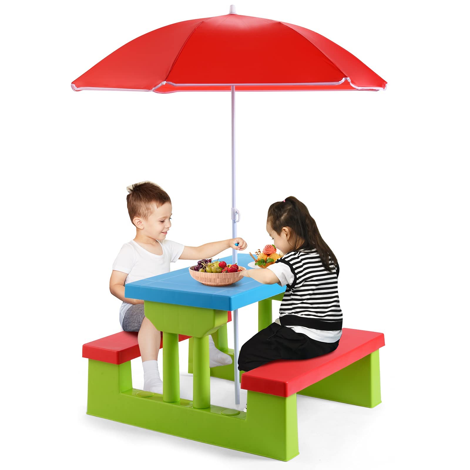 GIANTEX Table de Pique-Nique pour Enfants, Ensemble de Table et Chaises avec Pare-Soleil Amovible,Ensemble Salon de Jardin pour Enfants de Plus de 3 Ans, pour Jardin, Terrasse, Parc(Bleu+Vert+Rouge)