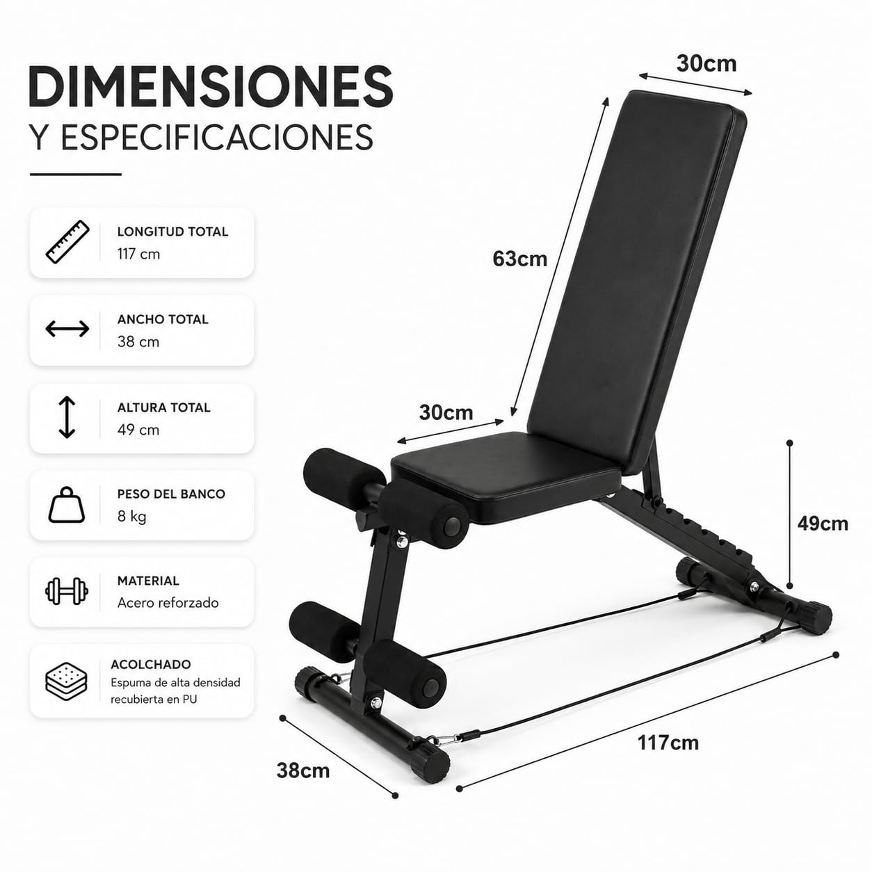 Banco de musculación plegable multifunción – Respaldo ajustable 7 posiciones, estructura triangular de acero, 2 bandas de resistencia incluidas – Banco fitness para casa