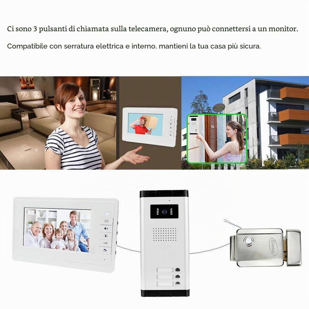 7 '' Videocitofono a colori cablato sistema di porte IR telecamera di visione notturna 480p + schermi di controllo interni per 2/3 appartamenti (3 monitor)