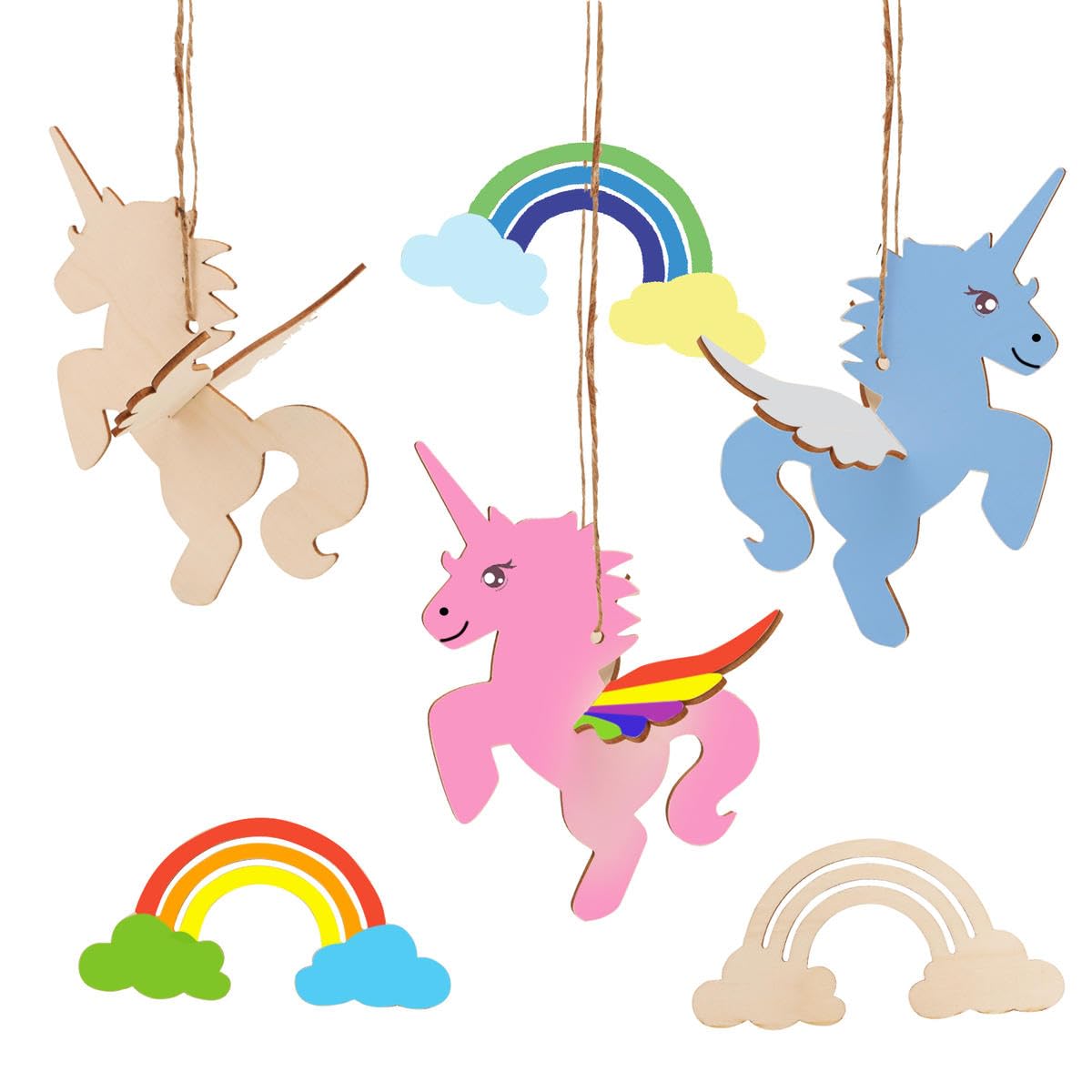 BHGT 6 Kit Madera Manualidades Unicornio y Arcoíris Adornos Madera Sin Terminar Colgantes Madera Cumpleaños con Cordeles Decoración de Regalo Pintar Manualidades