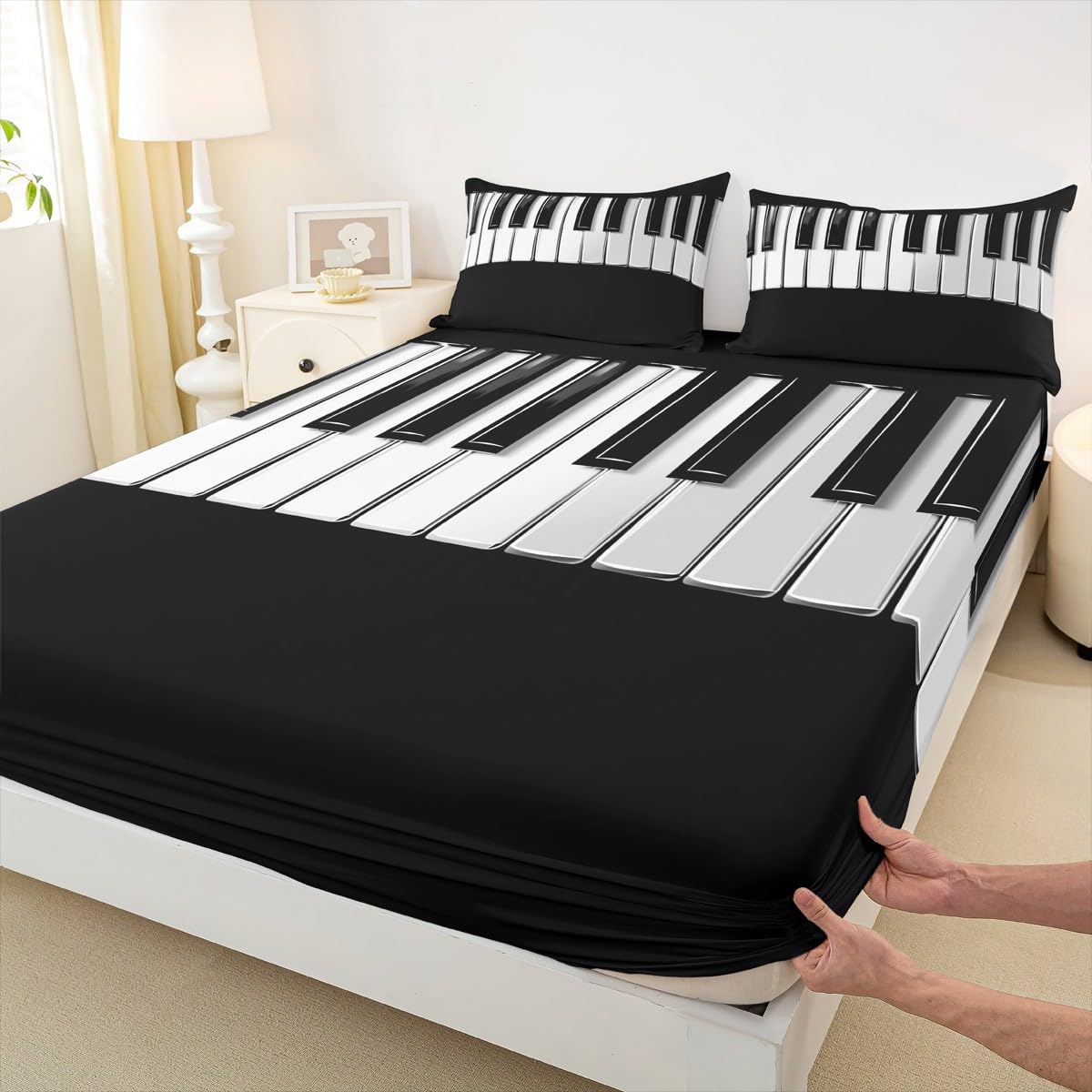 Castle Fairy Piano Bed Sheet Set Piano Keys Fitted Sheet Set for Teens Room Decor Modern Musical Instrument Bedding Set Black and White Bed Cover with Deep Pocket,No Flat Sheet,Full Szie