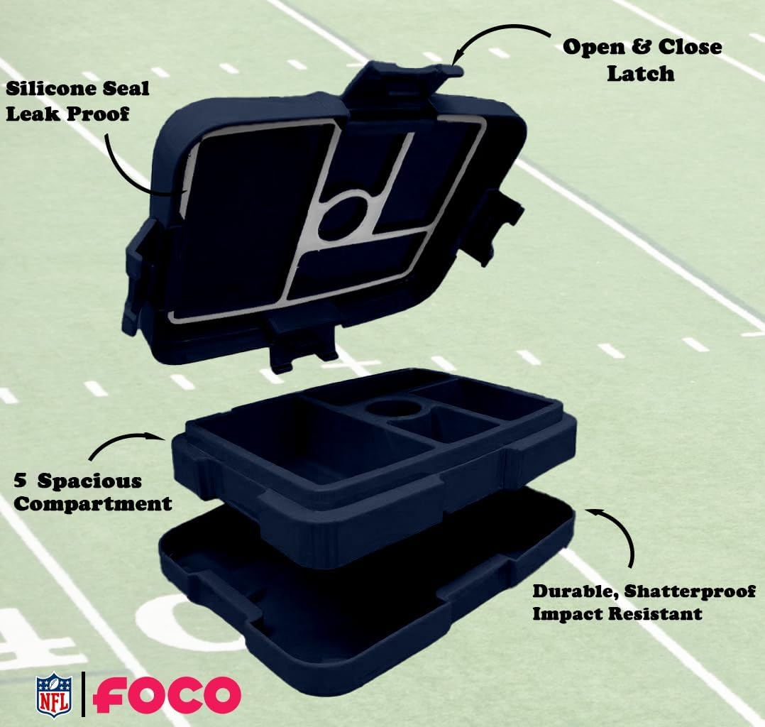 FOCO NFL Unisex-Adult Officially Licensed 2-Tone Big Logo Team Color Football Leak Proof 5 Compartment Bento Lunch Box - New England Patriots