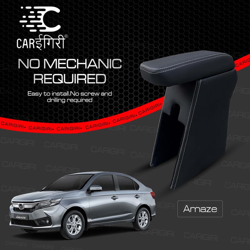 Image of Carigiri Premium Finish Car Armrest with Storage Box And High Density Moulded Foam For Honda Amaze (Models-2018-2024) (Black With White Double Stitching,Nappa Leatherette)