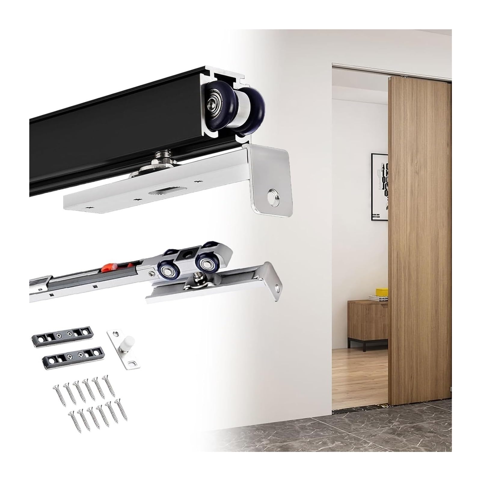 Sliding Door Track, Sliding Door Rail Track Kit Soft Close Aluminum Pocket System Nylon Wheels(Black,70in/177.8cm)